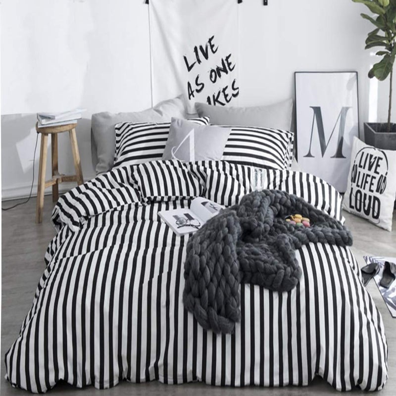 CLOTHKNOW Striped King Size Comforter Set 3Pcs Black White Bedding Comforter Sets Soft Farmhouse Ticking Comforter with 2 x Pillow Cases - Image 1